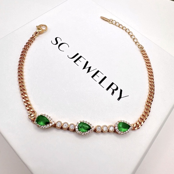 Drop Bracelet 18k Gold Plated w/ Green CZ Stone | Luxury Jewelry - Picture 3 of 10